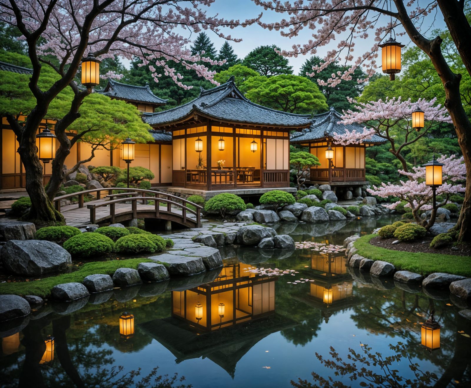 Twilight Serenity: Japanese Garden with Koi Pond