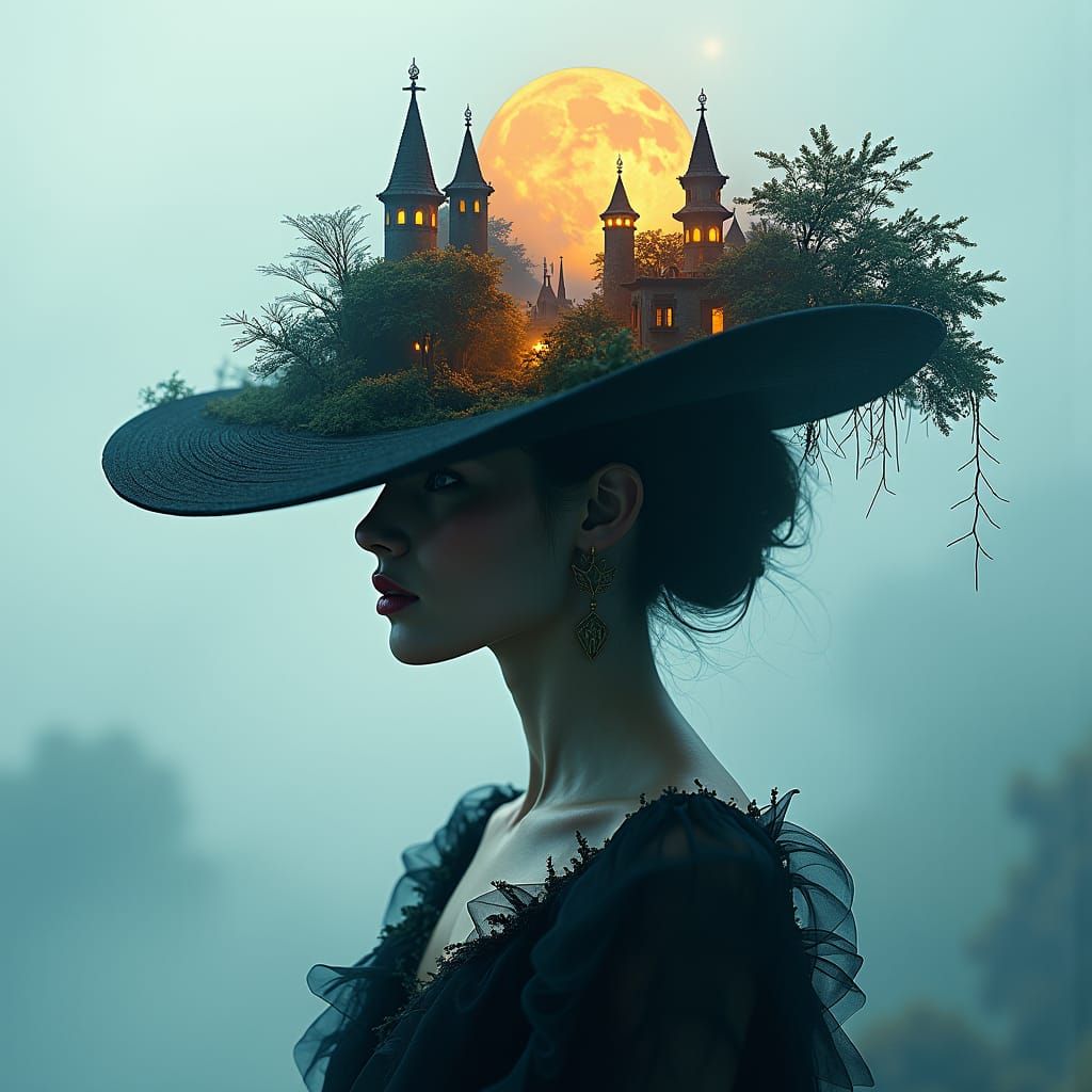 Mysterious Woman's Double Exposure Portrait in Fantasy Lands...