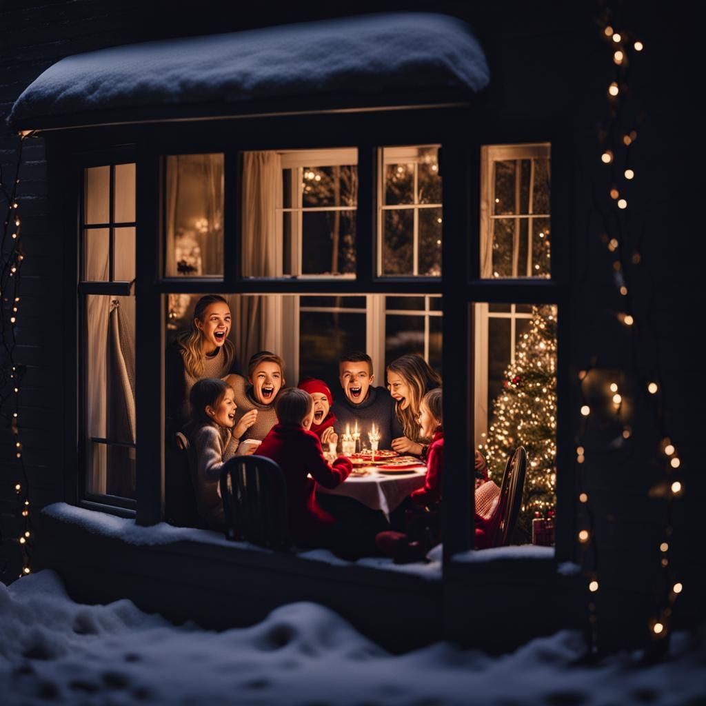 Cozy Christmas Family Dinner Through Window
