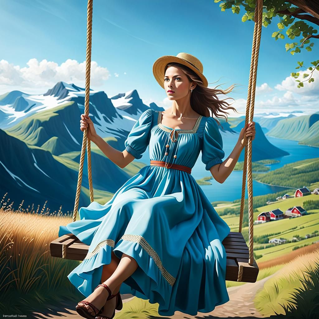 Woman Soaring Over Norwegian Landscape on Swing
