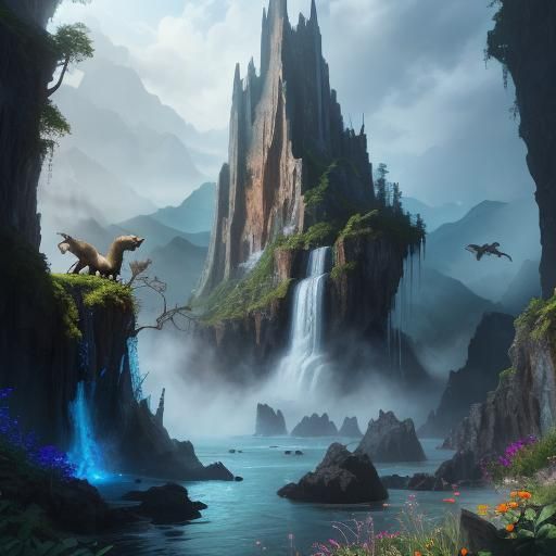 Dog Cat Dragon Shark Hybrid Waterfall Concept Art