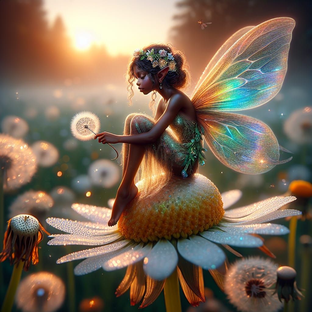 Luminous Fairy on Daisy Petal at Dawn