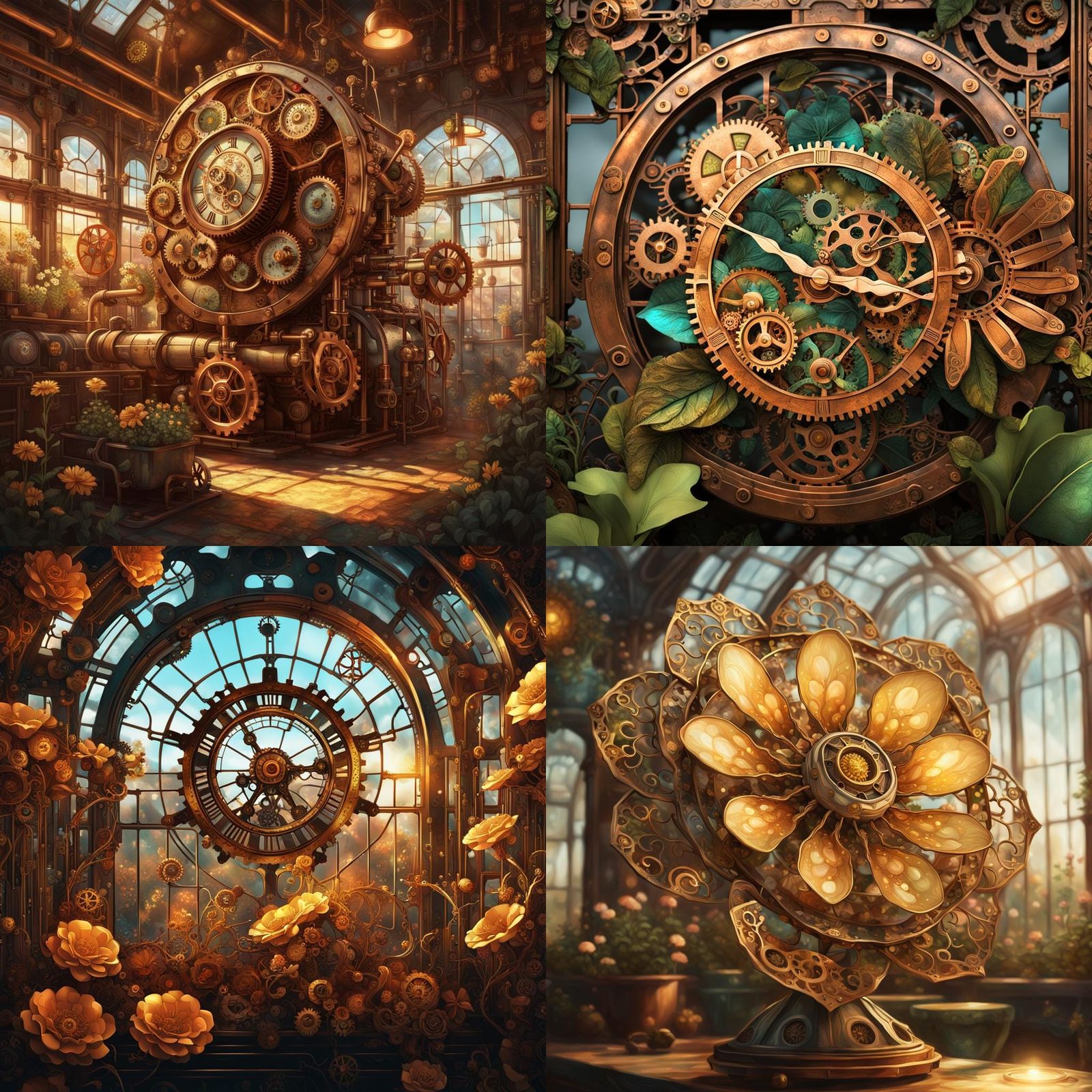 Steampunk Blooming Clockwork Flowers in Hyperrealistic Detai...