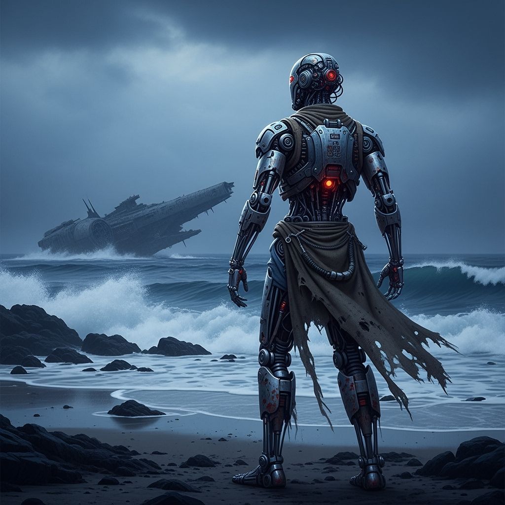Cyborg on Desolate Beach with Derelict Spaceship