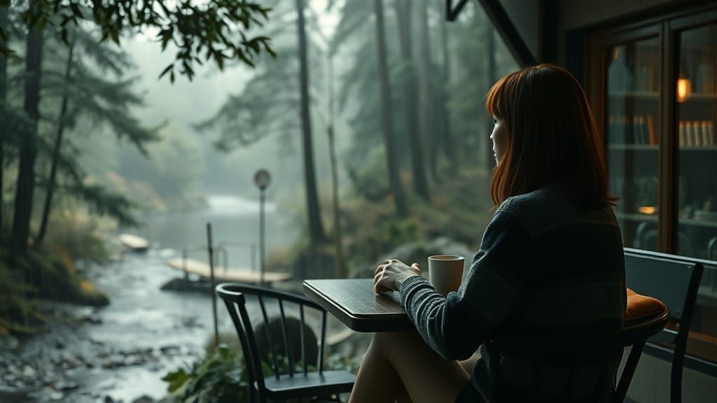 Rainy Forest Cafe Scene in Hyperrealistic Style