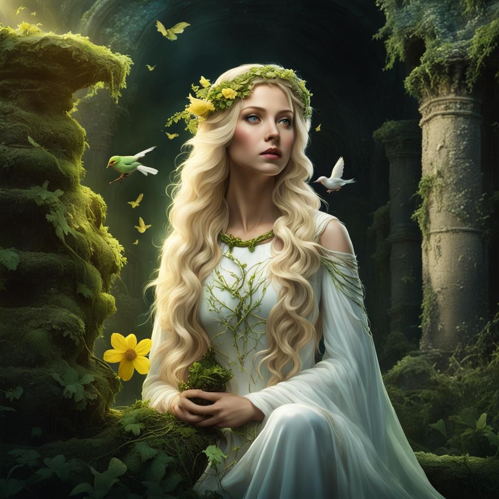 Ethereal Nature Goddess in Ancient Ruins, Hyperdetailed Fant...