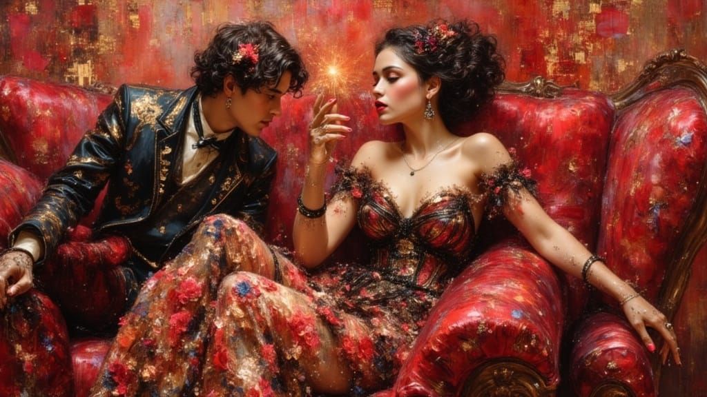 Elegant Princess in Scarlet, Chiaroscuro Oil Painting