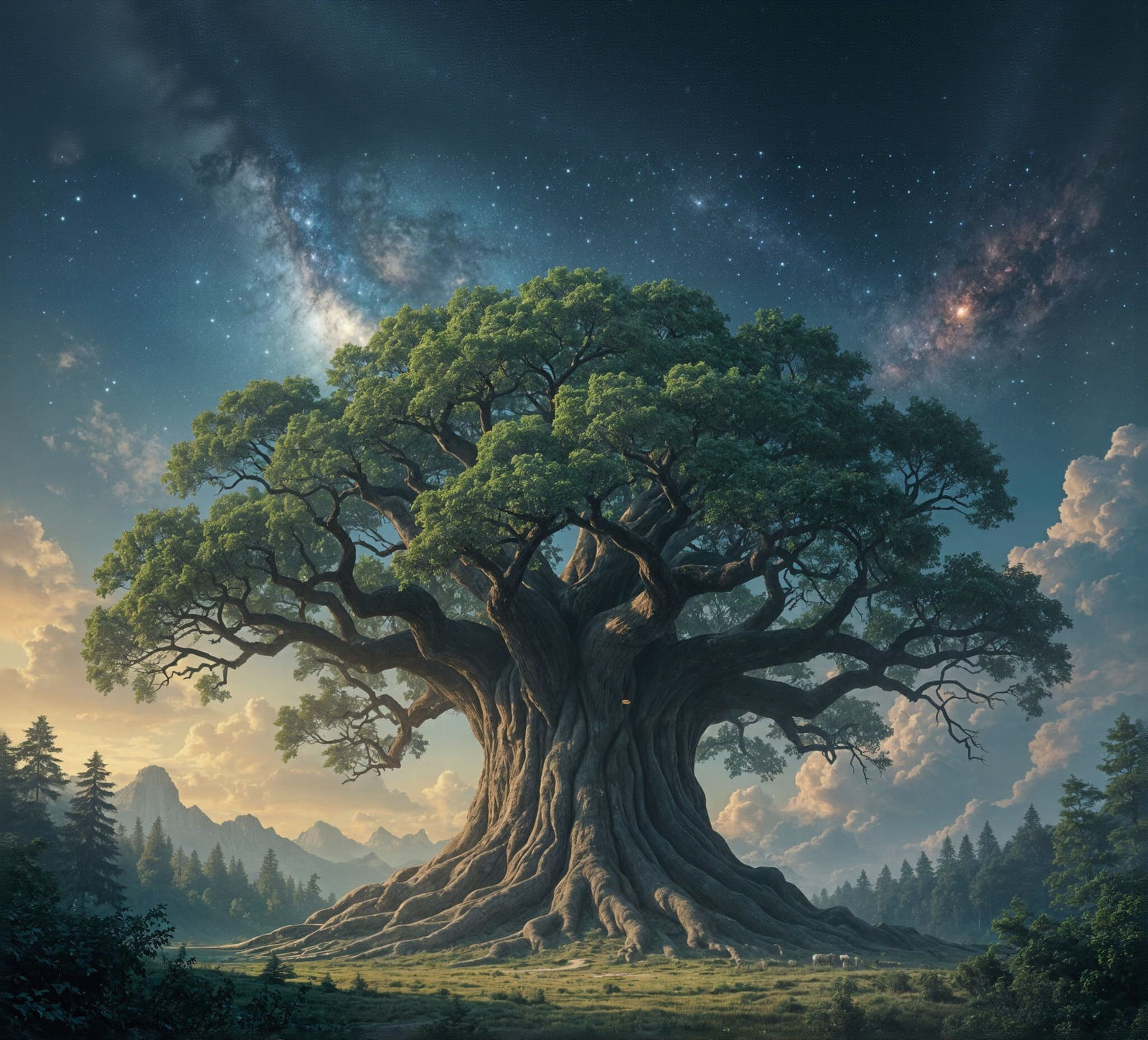Colossal Ancient Tree Towering Over Forest and Space
