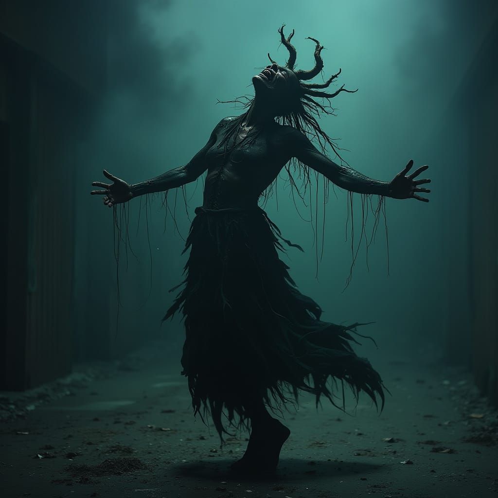 Eerie Undead Dancer in Neon Mist