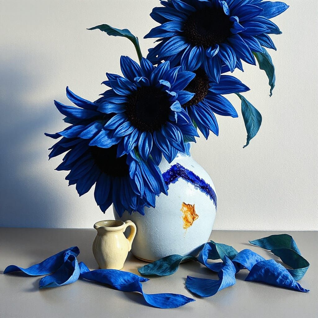 Hyper-Textural Indigo Sunflowers in Impasto Style