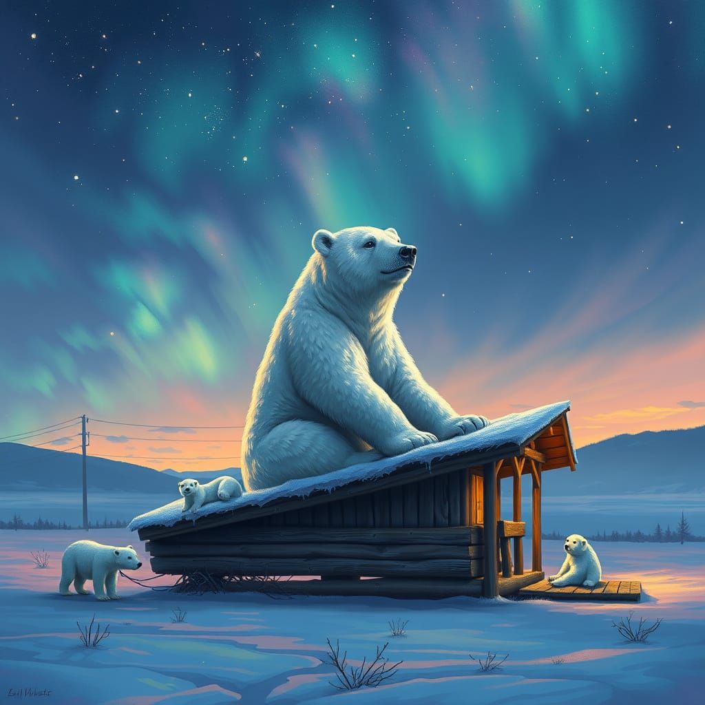 Majestic Polar Bear Family Under the Northern Lights