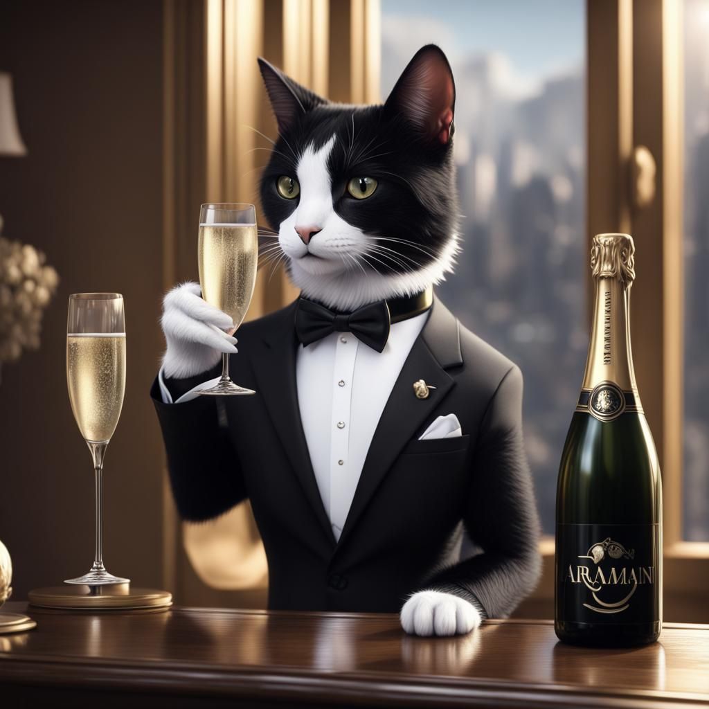 Tuxedo Cat Sipping Champagne, Detailed Digital Art