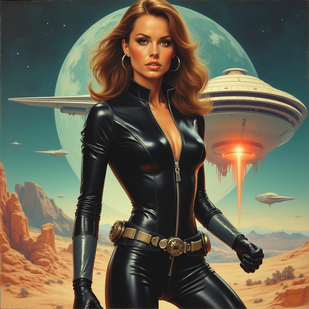 Retro-Futuristic Pilot in Sci-Fi Landscape