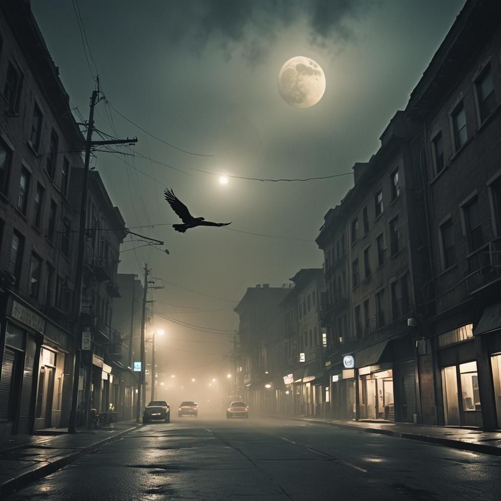 Dramatic Bird Soaring Past Moon on Stormy Night