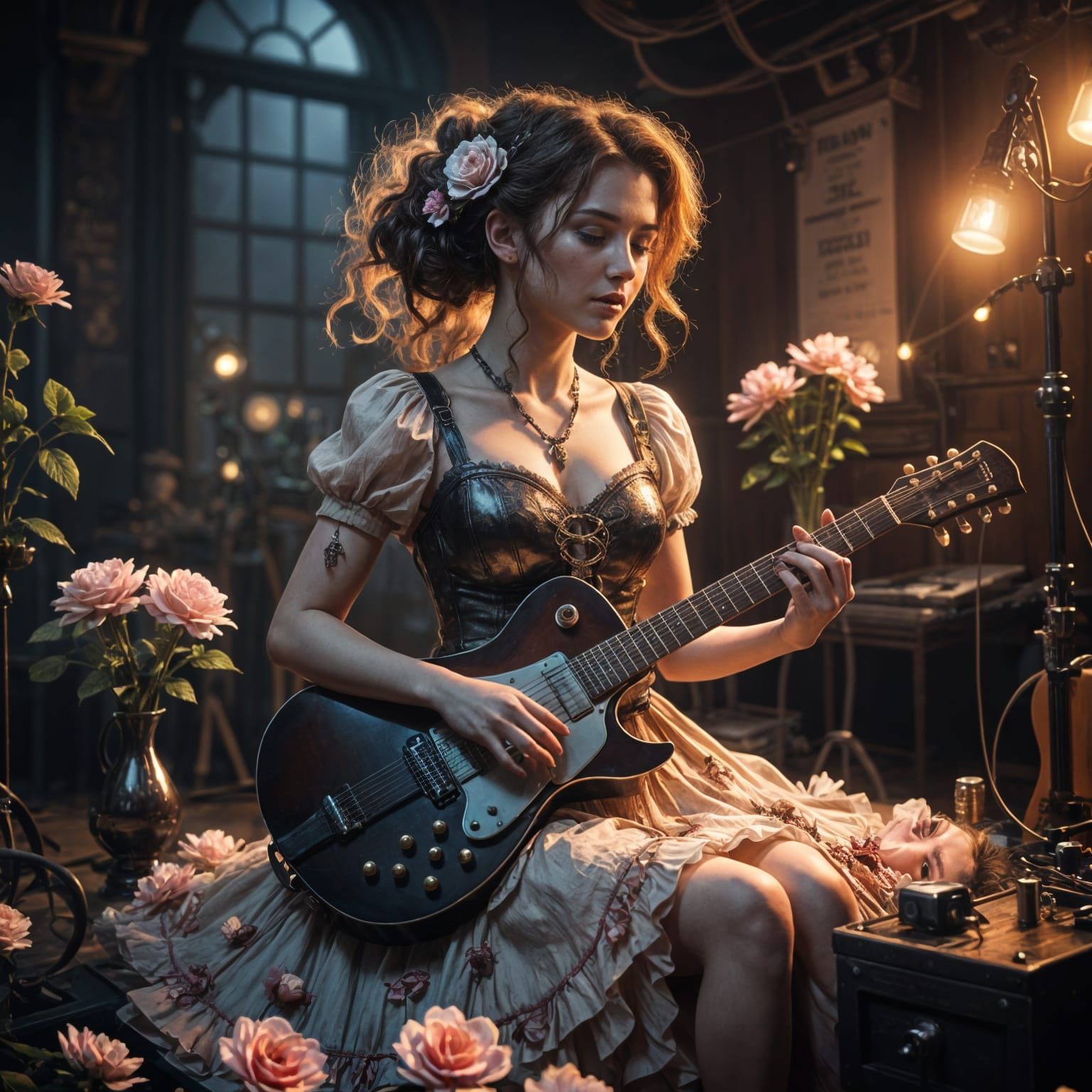 Steampunk Guitarist Girl Rehearsing at Night