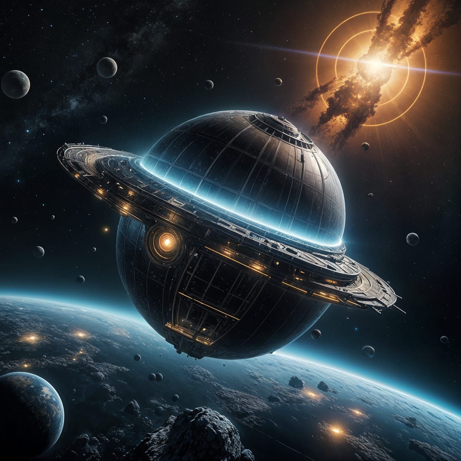 Metallic Spacecraft Journey Through Bioluminescent Galaxy