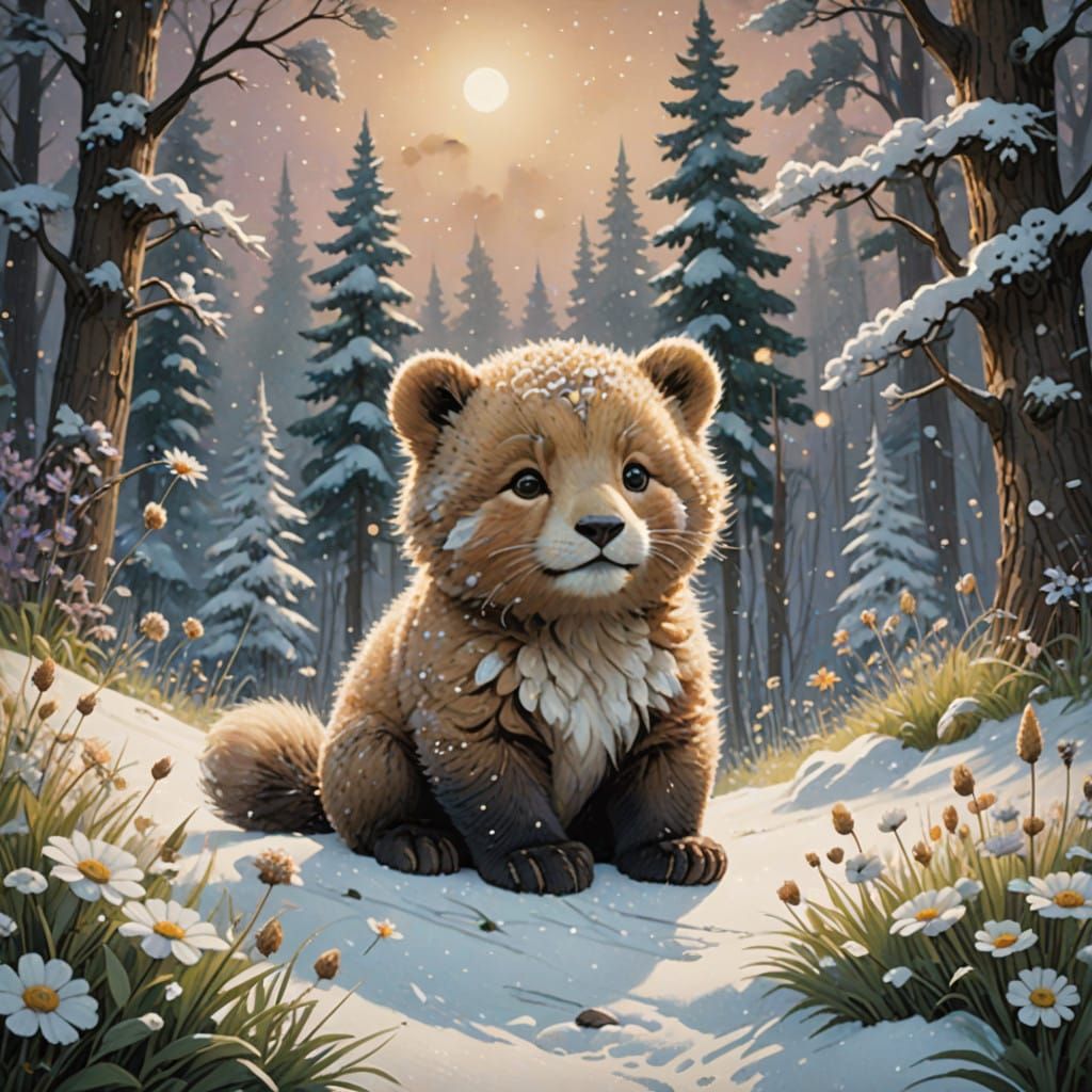 Chubby Cafe Cub Plays in Whimsical Snowy Meadow Under Starry...
