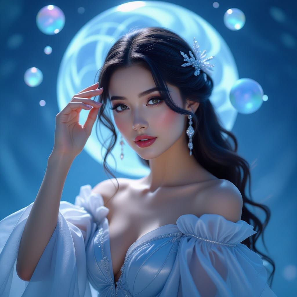 Ethereal Woman with Flowing Organza and Light Orbs