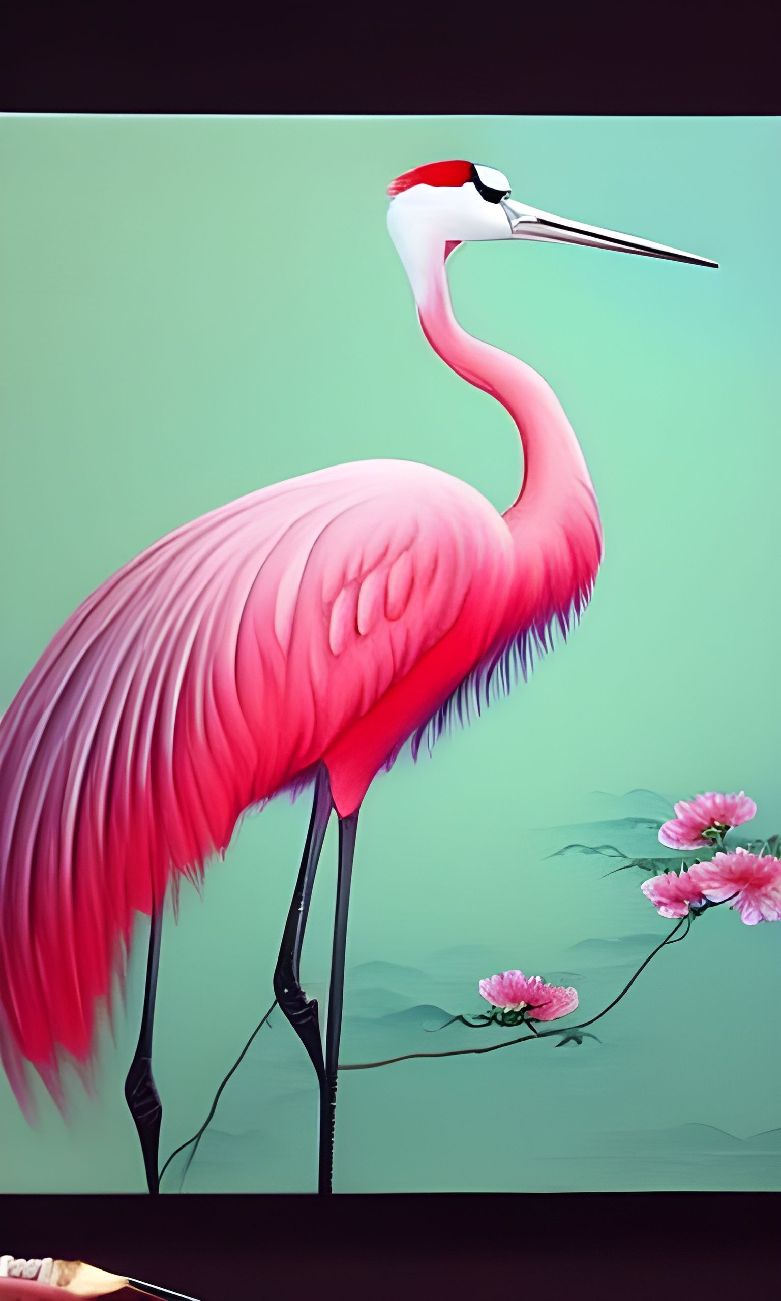 Crane Bird Painting with Japanese Floral Art