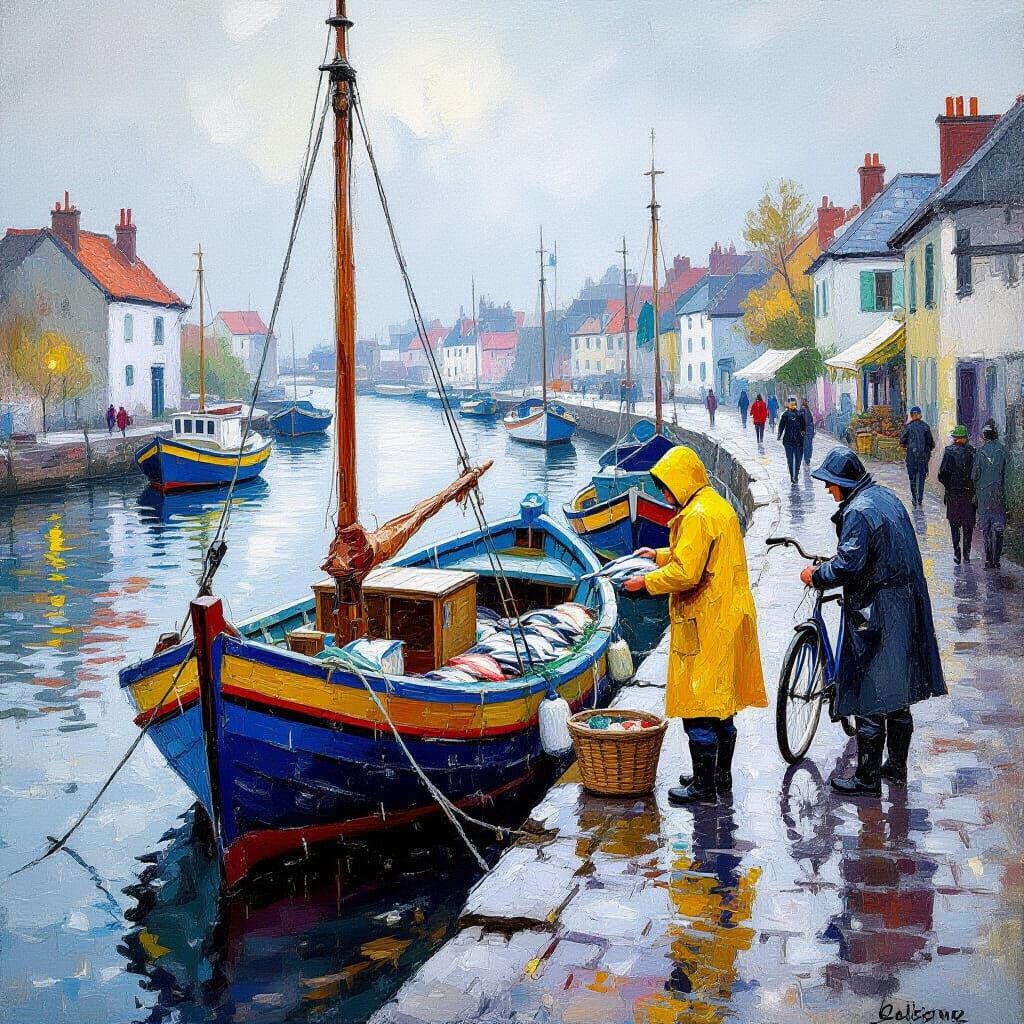Impressionist Fishing Village Scene with Colorful Raincoats
