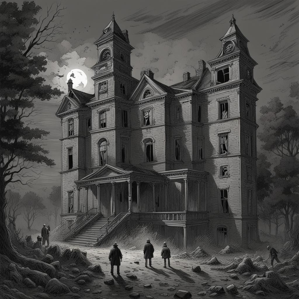 Ghost hunters in an abandoned asylum horror Gustave Doré Greg Rutkowski