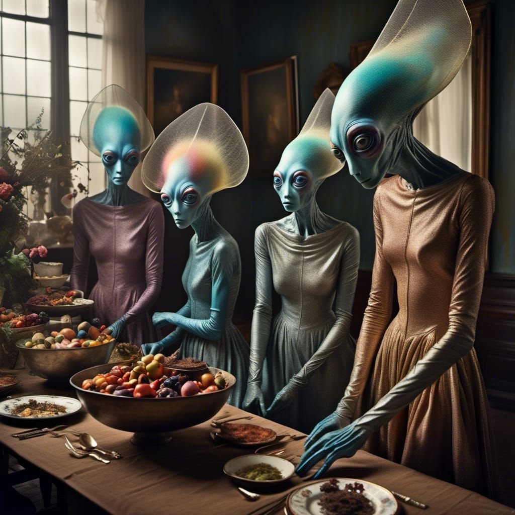 Polychromatic Alien Gathering in Hyperrealistic Photorealism