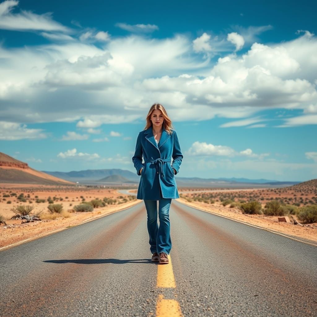 Woman Standing at a Desert Road Intersection under a Blue Sk...