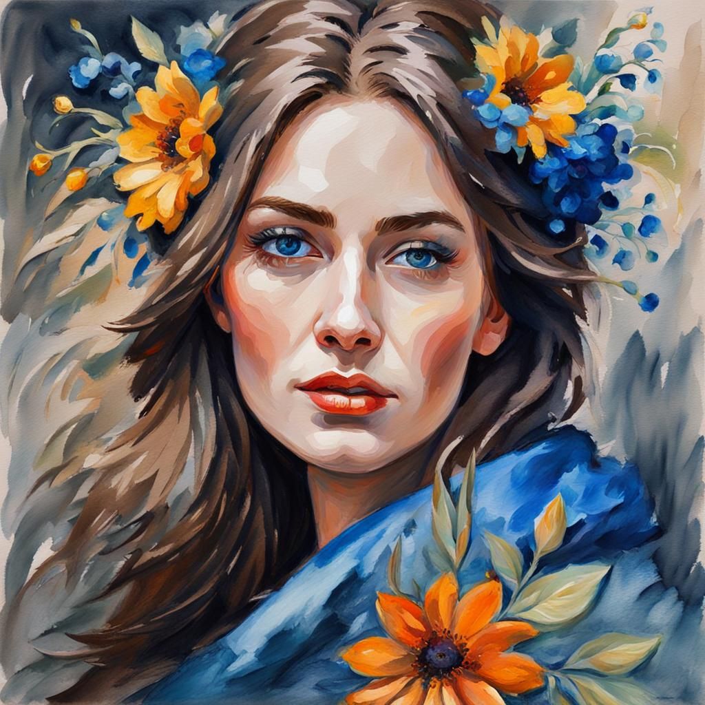 Beautiful Russian Woman in Gouache Watercolor Style