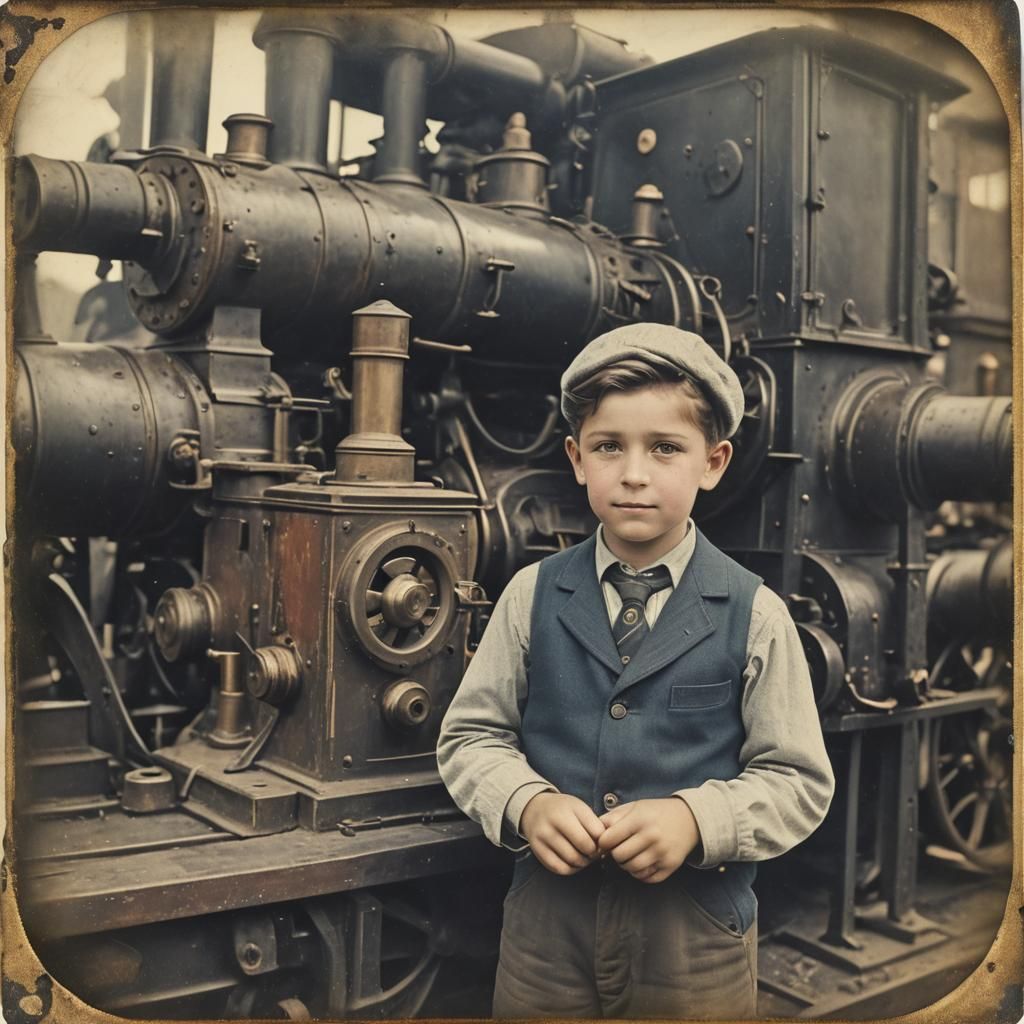 Vintage Polaroid Portrait of Boy in Steam Engine