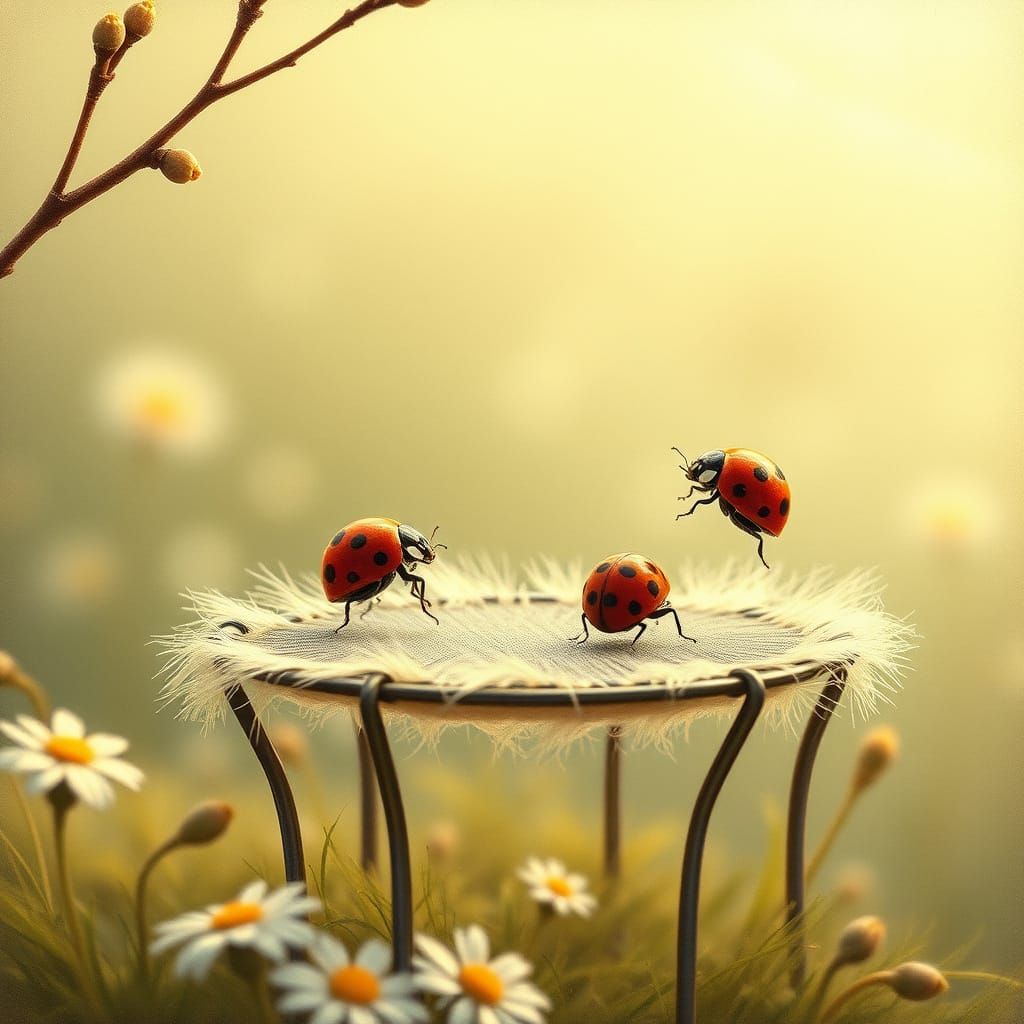 Ladybugs on Dandelion Trampoline: Impressionist Whimsy