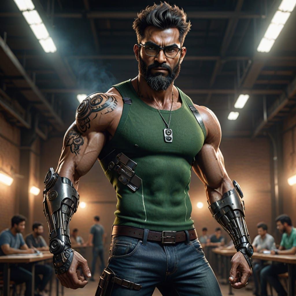 Professor with Metal Arm in Classroom, Realistic 4k