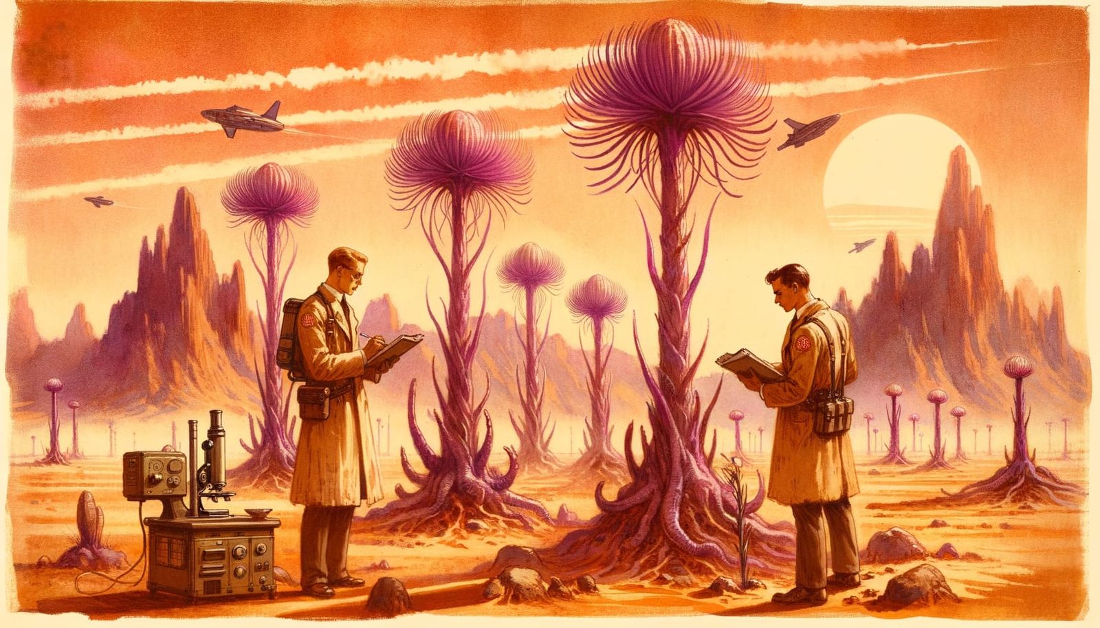 Desert Tableland with Alien Flora in Watercolor Style