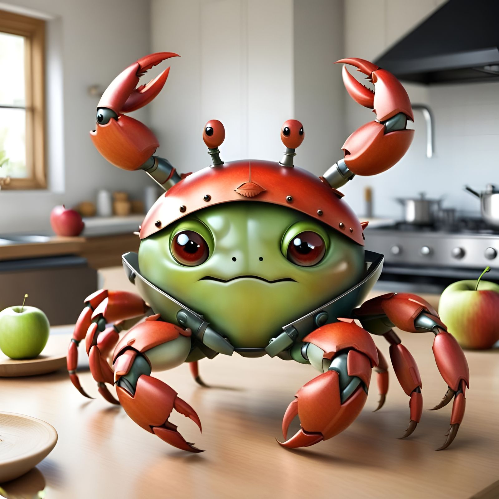 Cute Crab in Apple Armor on Kitchen Table