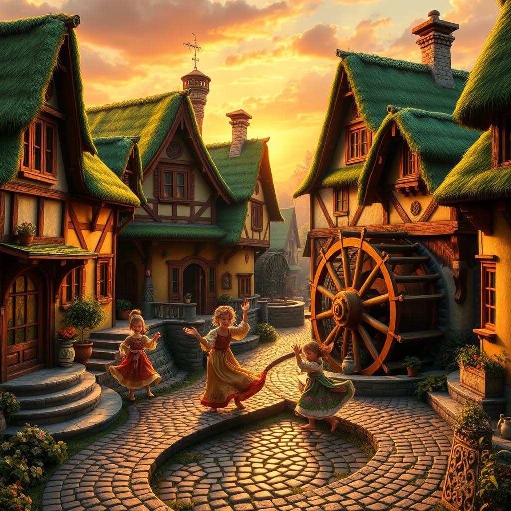 Whimsical Waterwheel Village in Storybook Style
