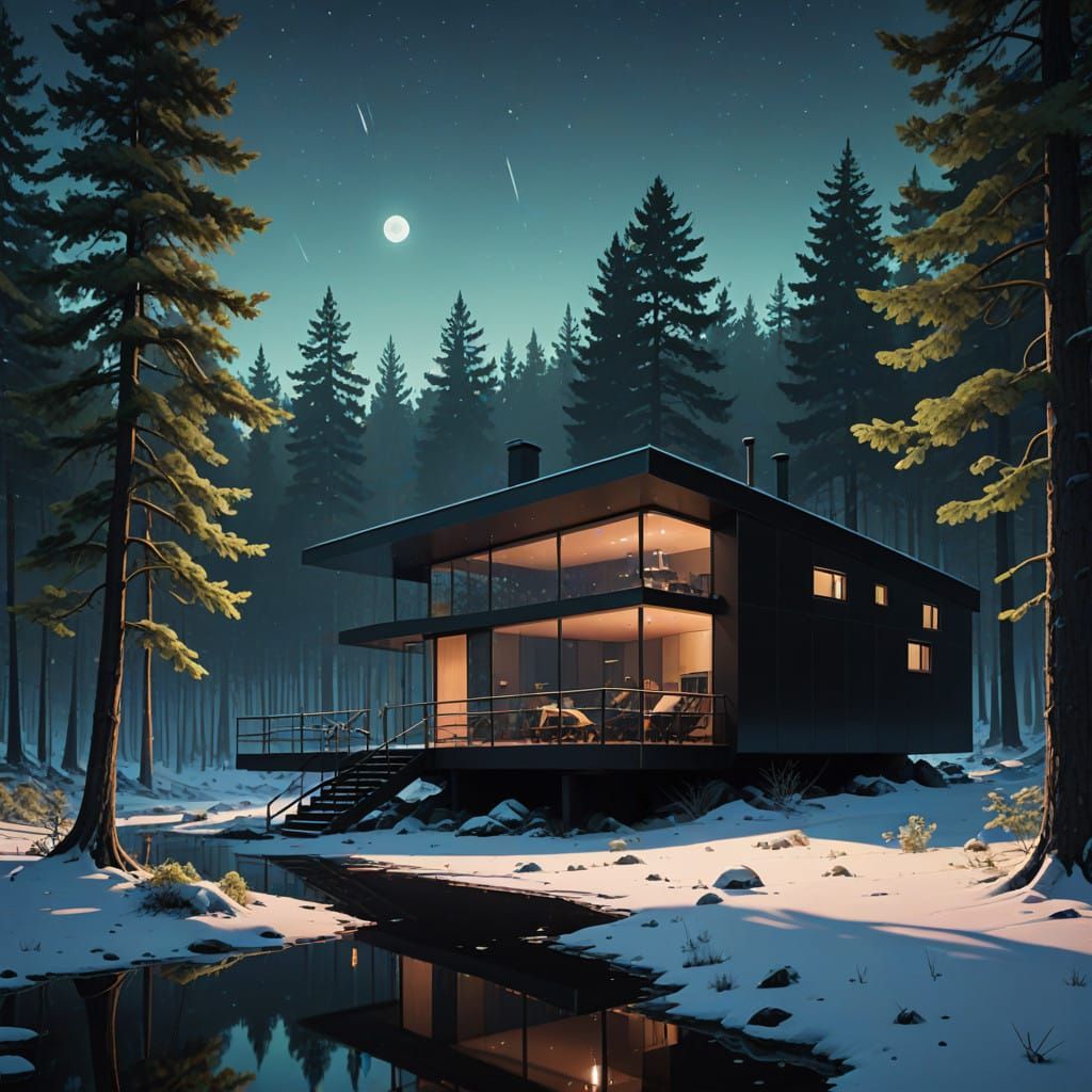 Minimalist Future Lake House Under Starry Night Sky