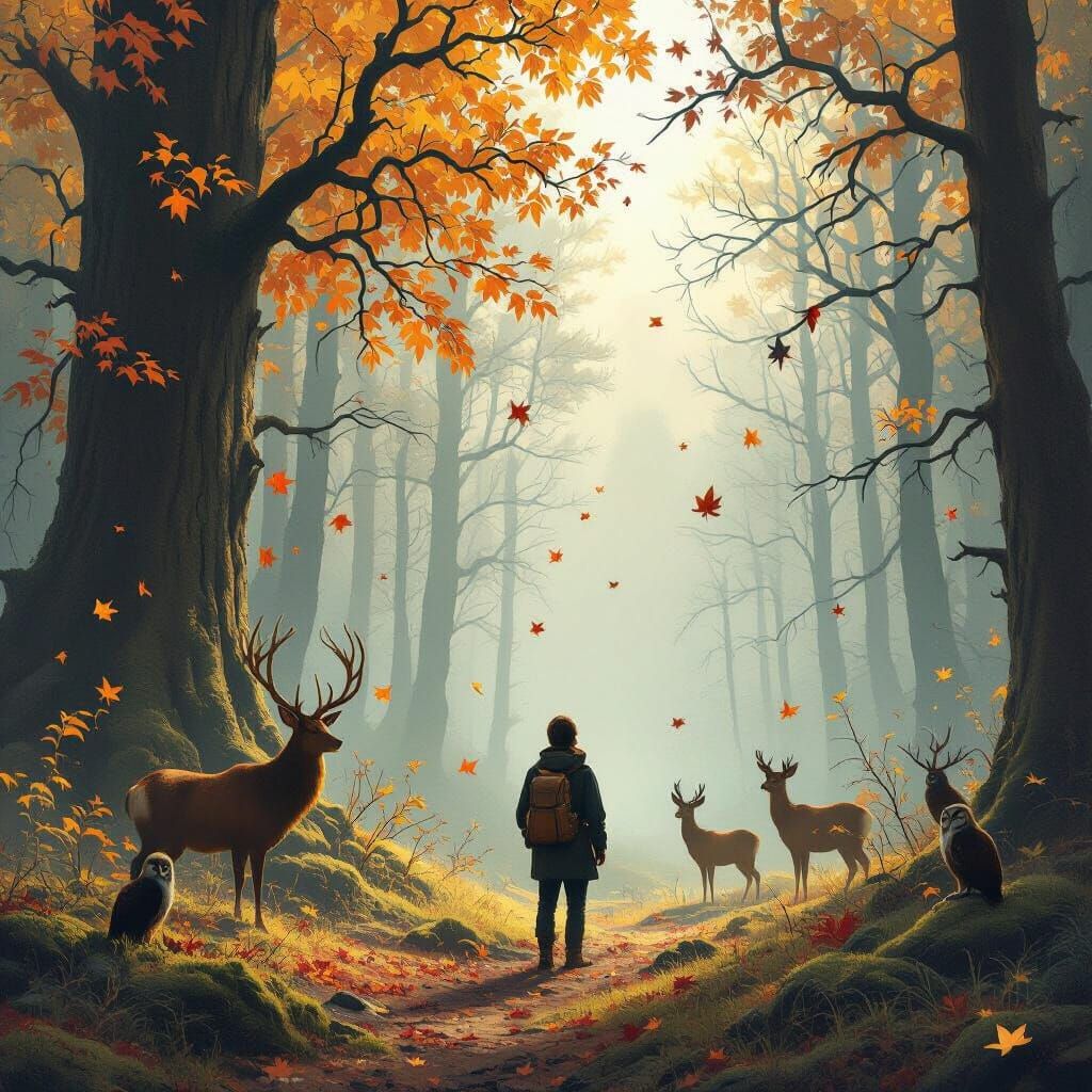 Magical Autumn Forest Encounter with Deer and Owl