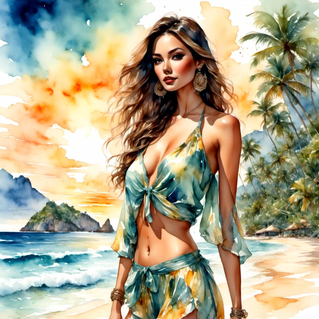 Woman Sipping Coconut at Sunset: Watercolor Painting