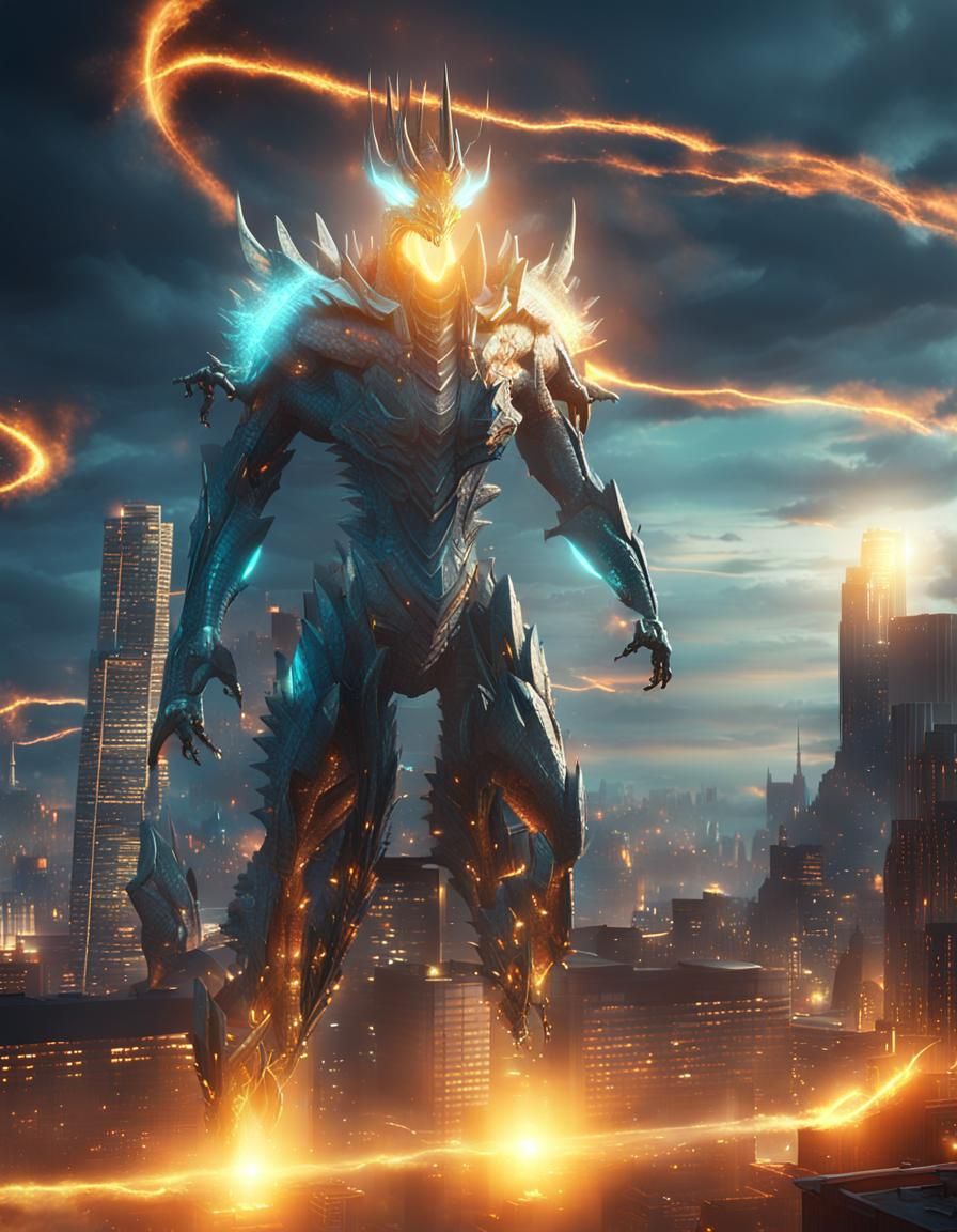 Futuristic Mechanized Dragon Over Cityscape in 3D