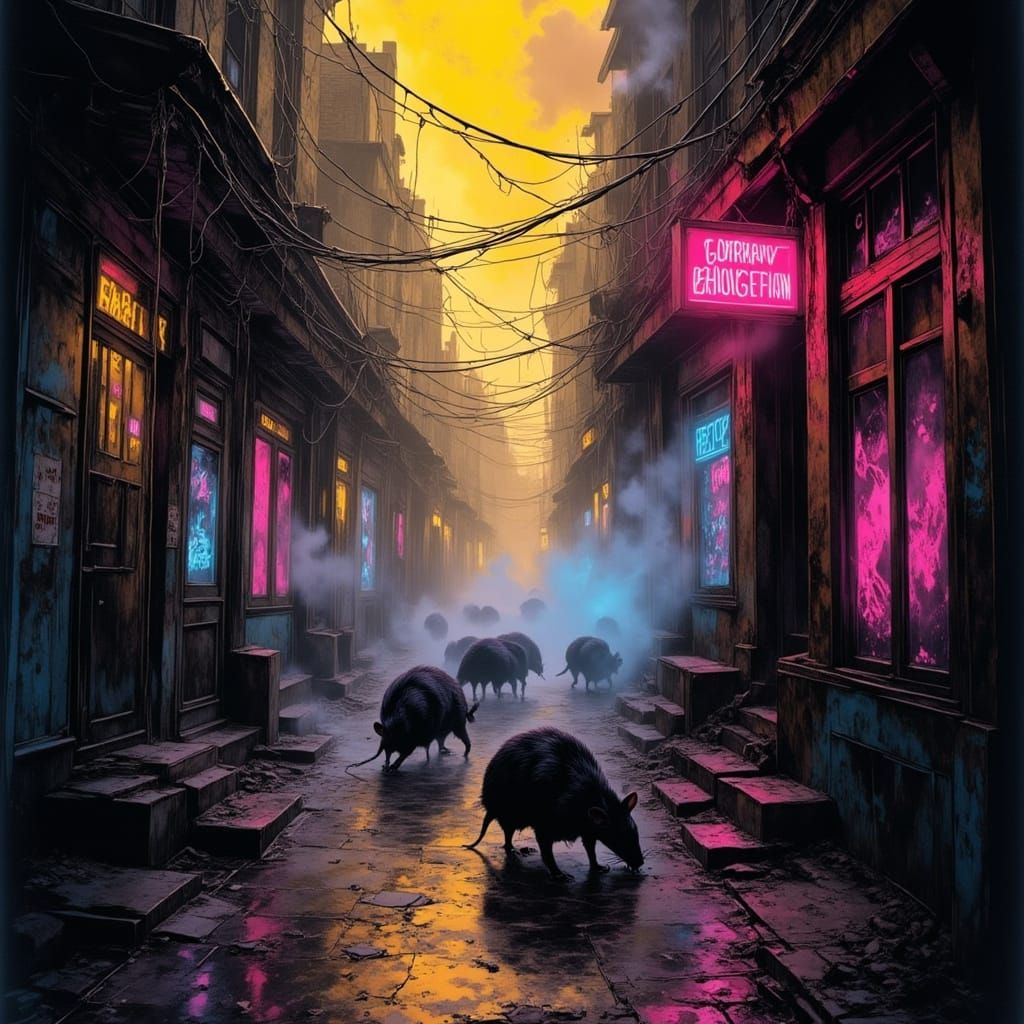 a pack of rats in a dystopian urban alley