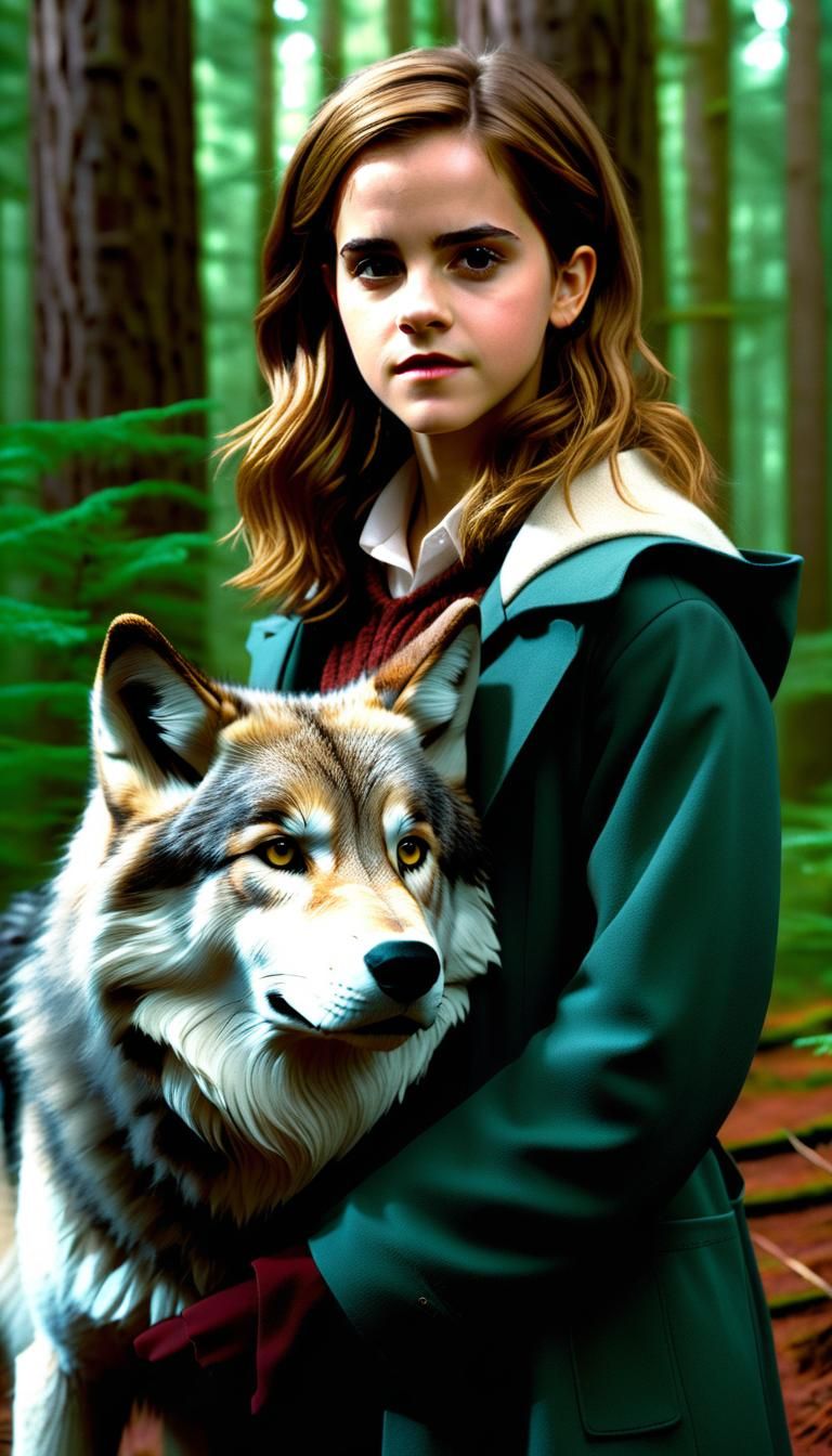 Hermione Granger and Wolf in Forest, Ultrarealistic