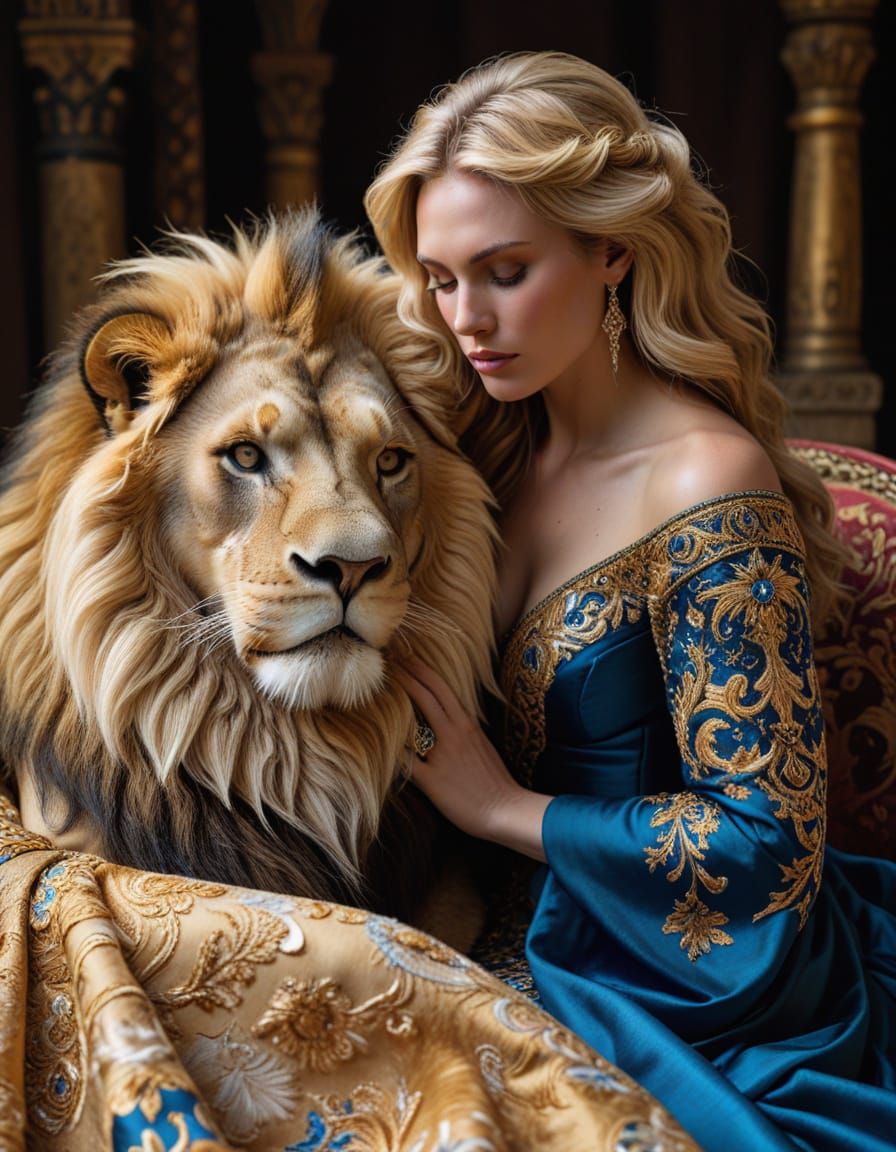 Serene Woman with Majestic Golden Lion