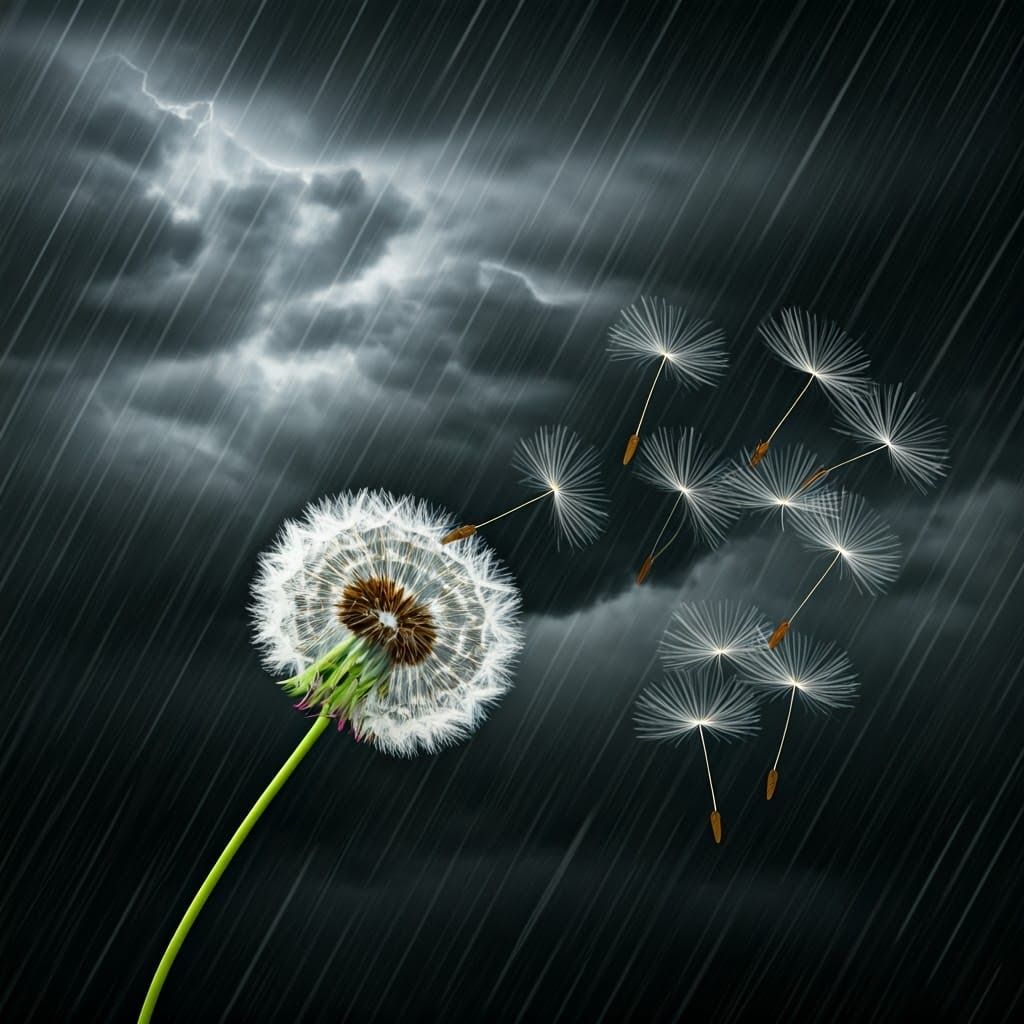 Dandelion Seeds Soar Under Stormy Skies