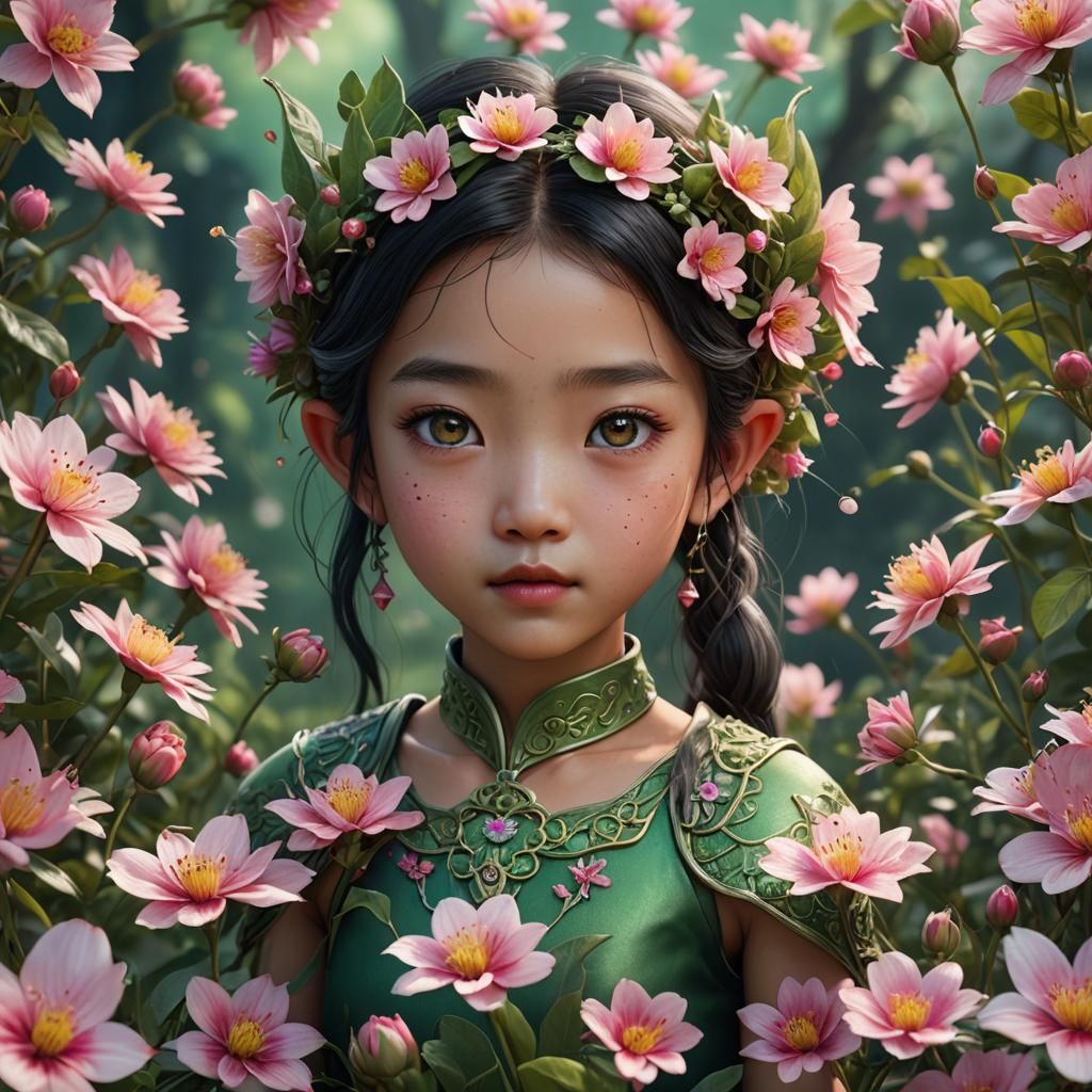 Tiny asian fairy on a tiny flower green pink Hyper-realism perfect Hyper-realistic realistic perfect eyes