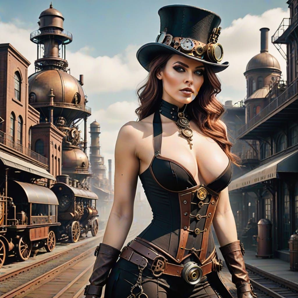 Sensual Steampunk Woman in Mechanical City