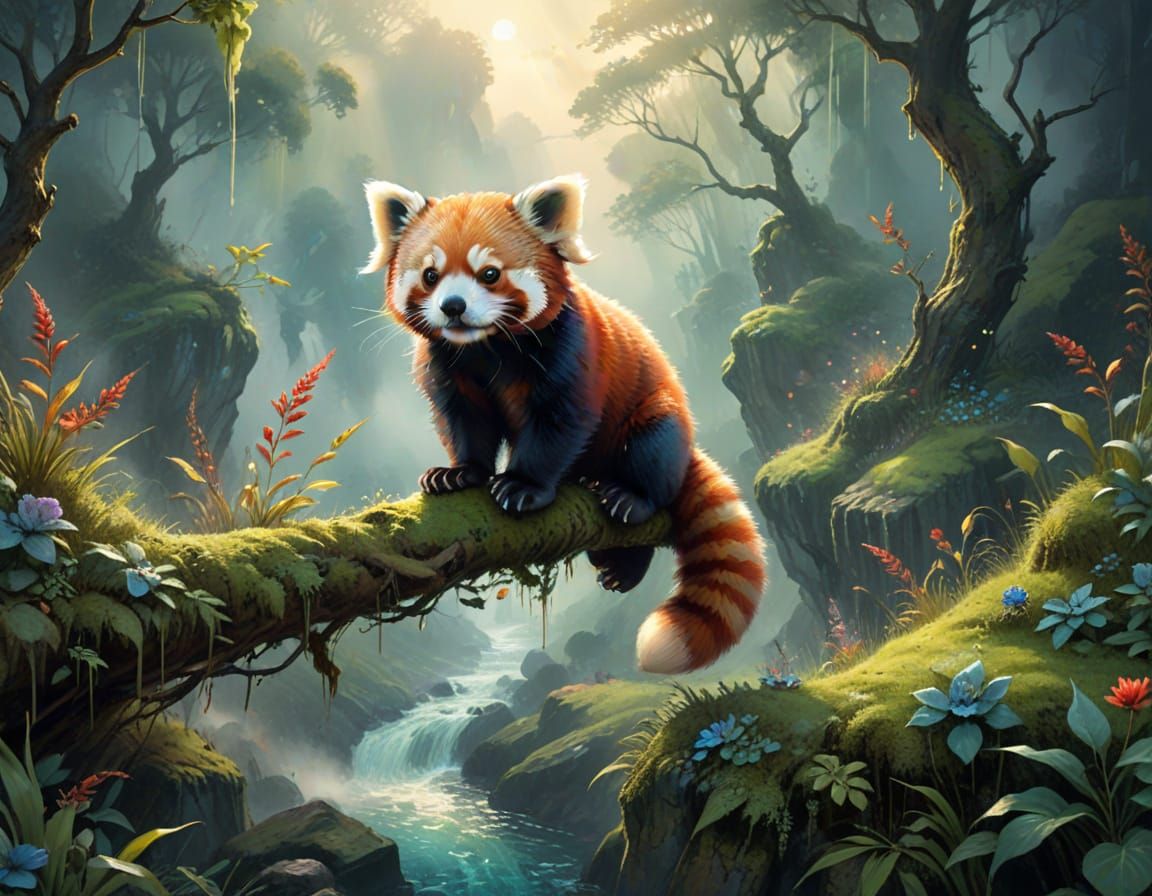 Red Panda in Mist, Neo-Impressionist Oil Painting