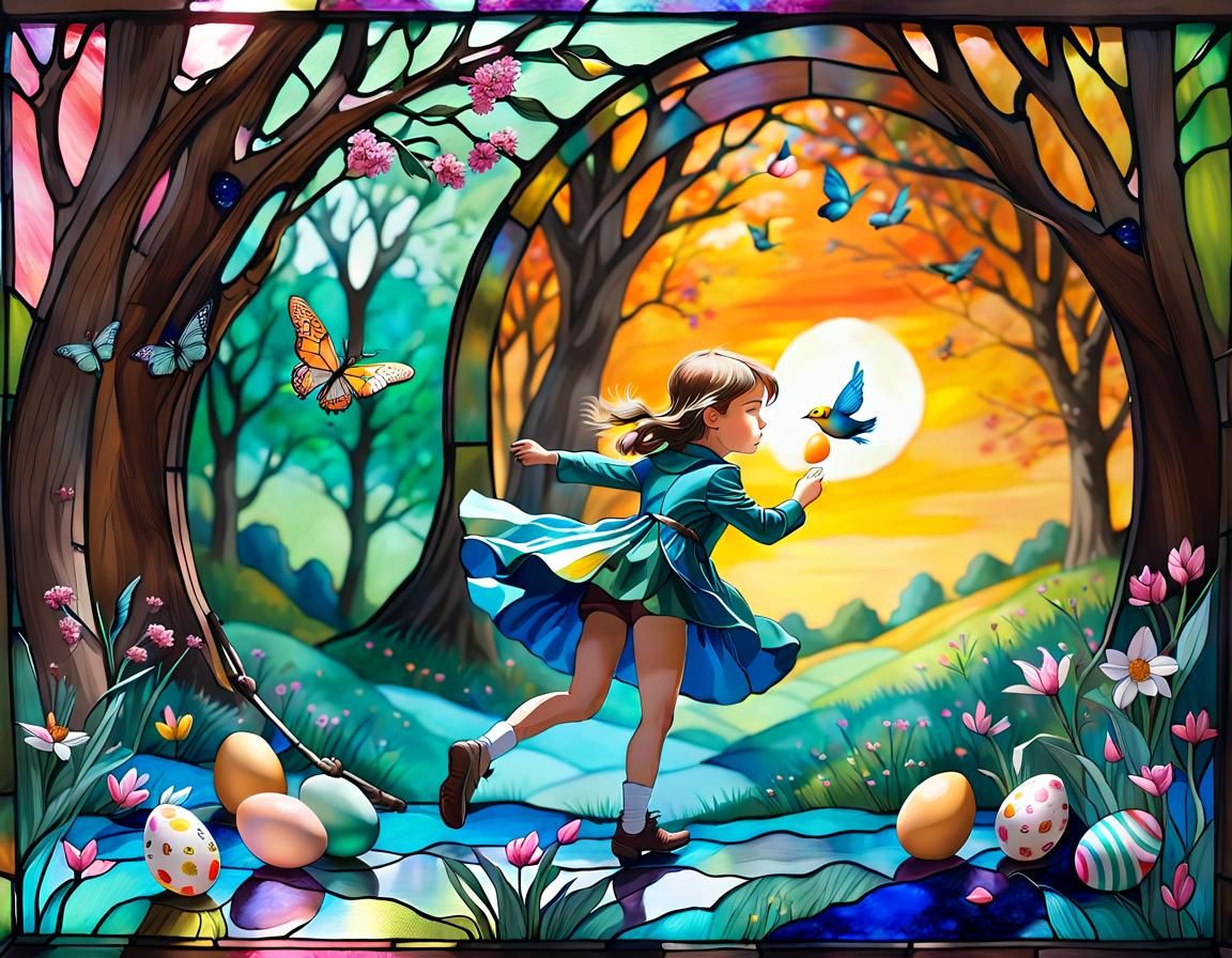 Cheerful Children's Easter Egg Hunt in Impasto Style