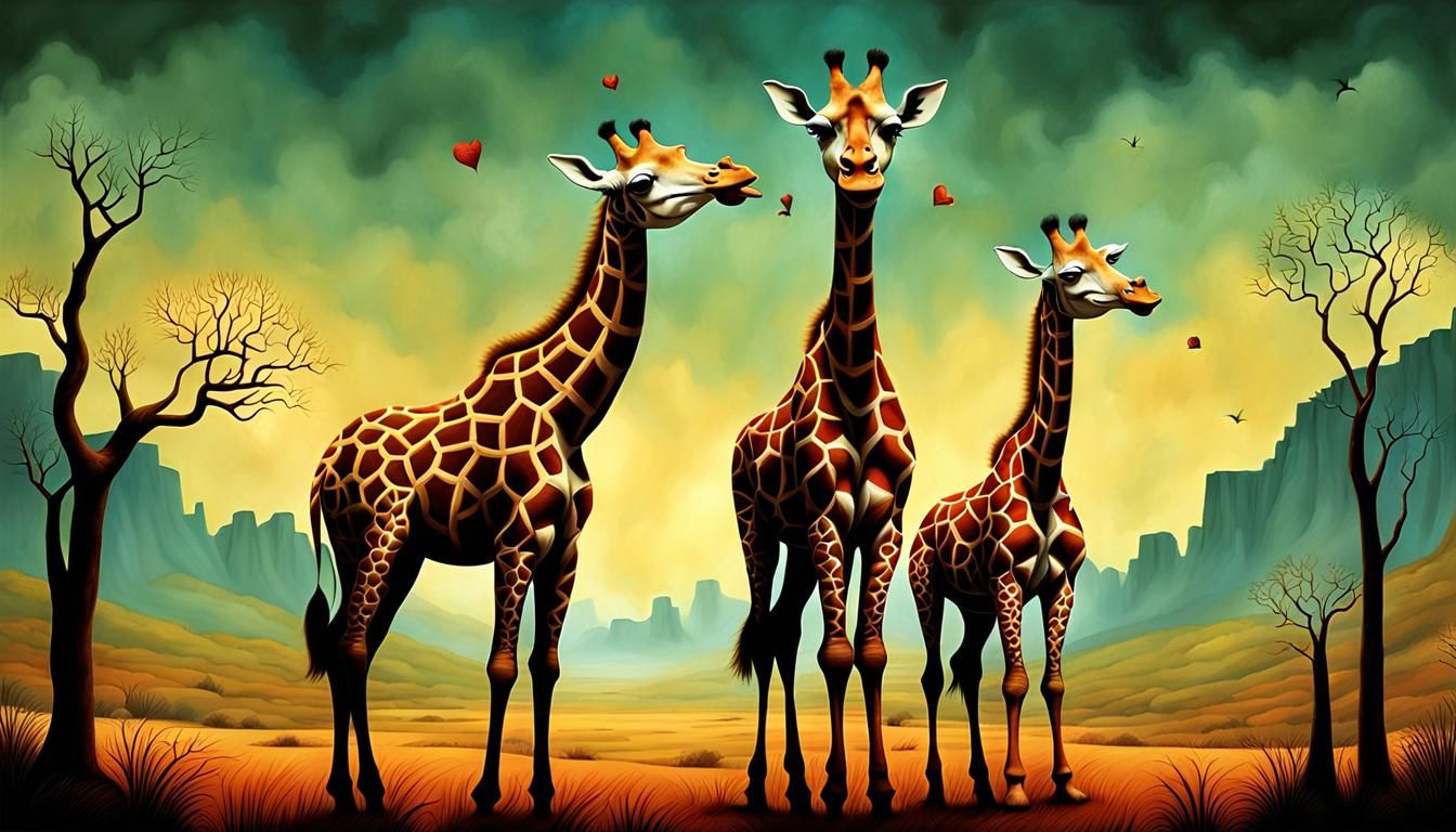 Surreal Giraffes Embody Whimsical Love in a Haunting Desert