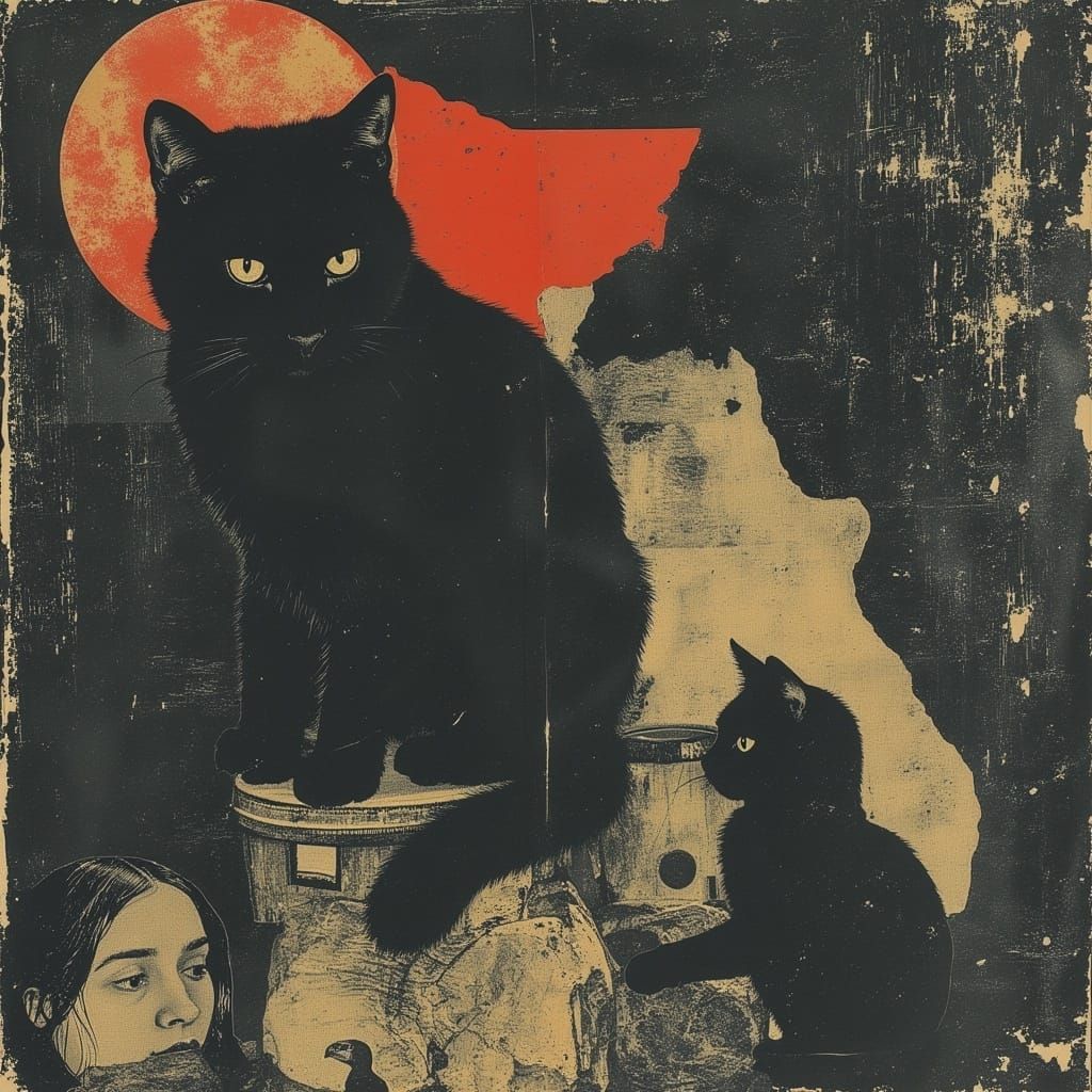 Whimsical Cat Playing Bongos in Gothic Pop-Art Style