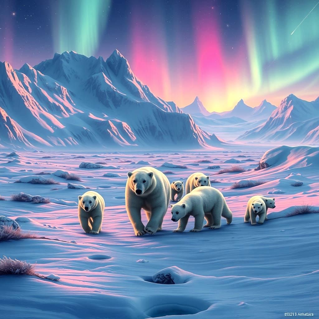Family of Arctic White Bears Under Aurora in Antarctica Land...