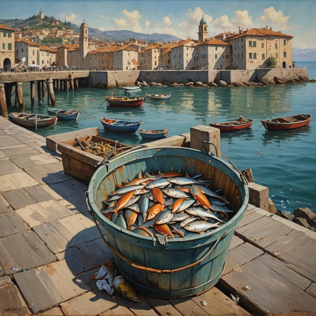 Italian Coastal Scene: Bucket of Fish, Oil Painting